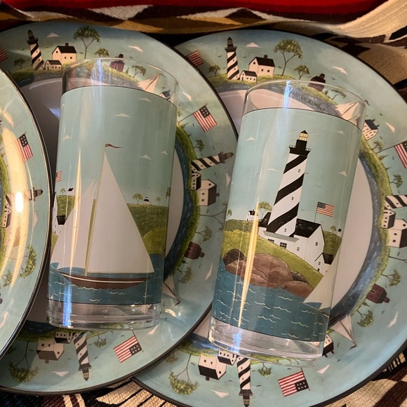 MELAMINE WARREN KIMBLE EVOLUTION  COASTAL BREEZE 12 pc SET  LIGHTHOUSE NAUTICAL - Picture 2 of 9